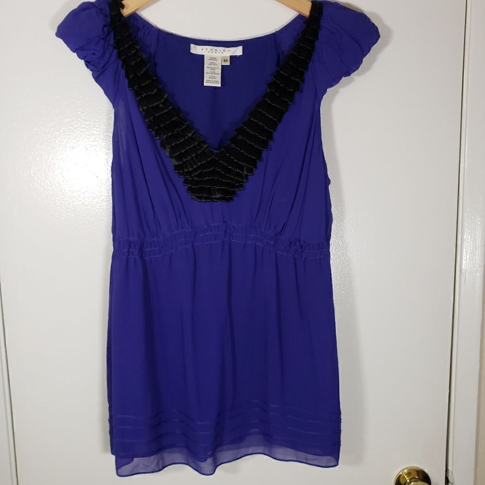Studio M Woman 100% Silk Purple V Neck Short Sleeve Flowy Blouse Size 2X